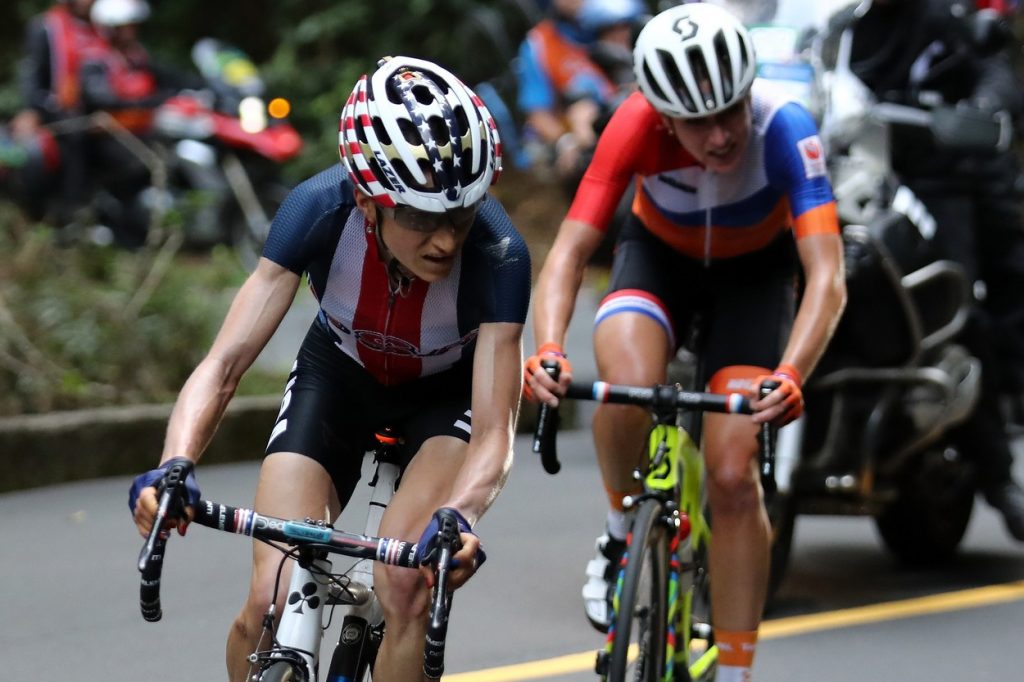USA's Mara Abbott (L) leads Netherlands' Annemiek Van Vleuten during the Women's road cycling race at the Rio 2016 Olympic Games.