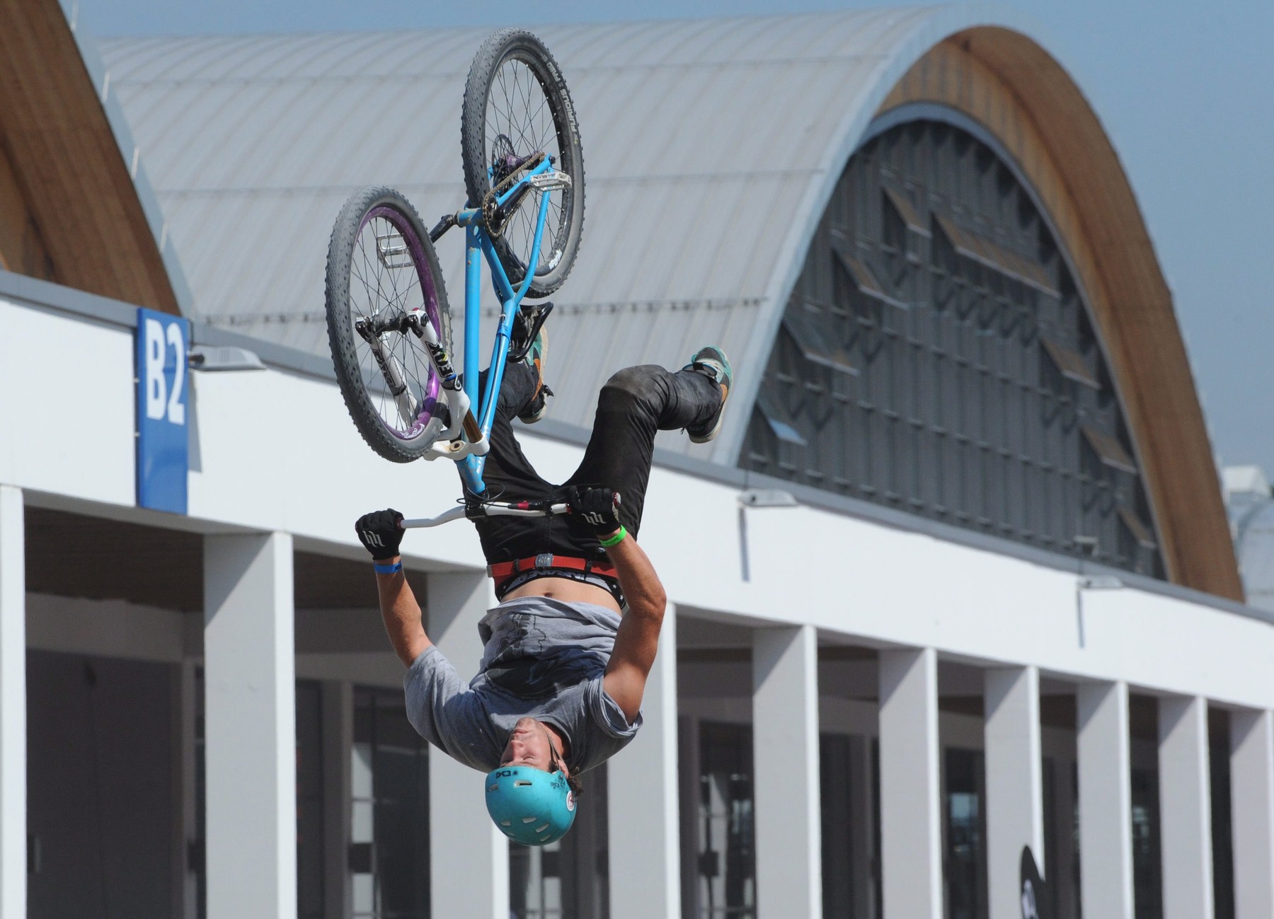 A cyclists jumps into the air at the Eurobike trade show in Friedrichshafen, Germany, 31 August 2011. A total of 1180 exhibitors from 45 countries are presenting their cycling related products at the world's largest cycling trade show until 03 September 2011. /PATRICK SEEGER, Image: 237586336, License: Rights-managed, Restrictions: , Model Release: no, Credit line: Profimedia, TEMP EPA