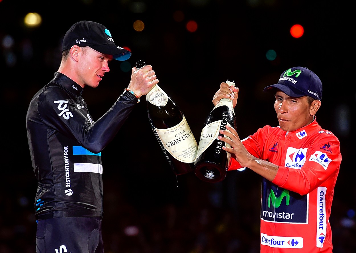 Winner of La Vuelta 2016, Movistar's Colombian cyclist Nairo Quintana (R) and second placed Sky's British cyclist Christopher Froome toast on the podium of the last stage of the 71st edition of "La Vuelta" Tour of Spain, a 104.8km route Las Rozas to Madrid, on September 11, 2016., Image: 299535188, License: Rights-managed, Restrictions: , Model Release: no, Credit line: Profimedia, AFP