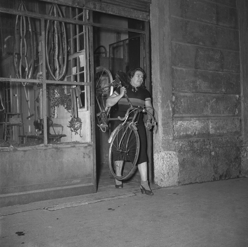 Alfonsina Morini at her cycling shop on Via Varesina in Milan. Morini is the only woman to have competed in the Giro d’Italia, she took part in the 1924 race.