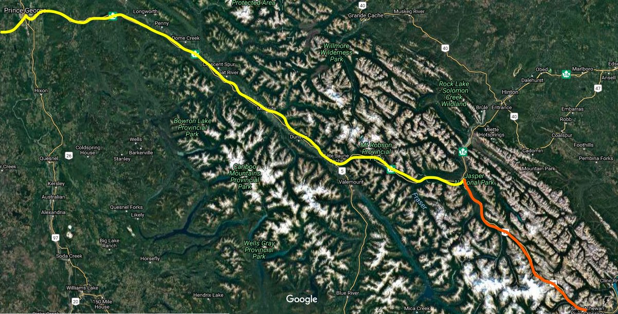The yellow line marks the road from Prince George to Jasper. The orange line marks the first half of the Icefields parkway.