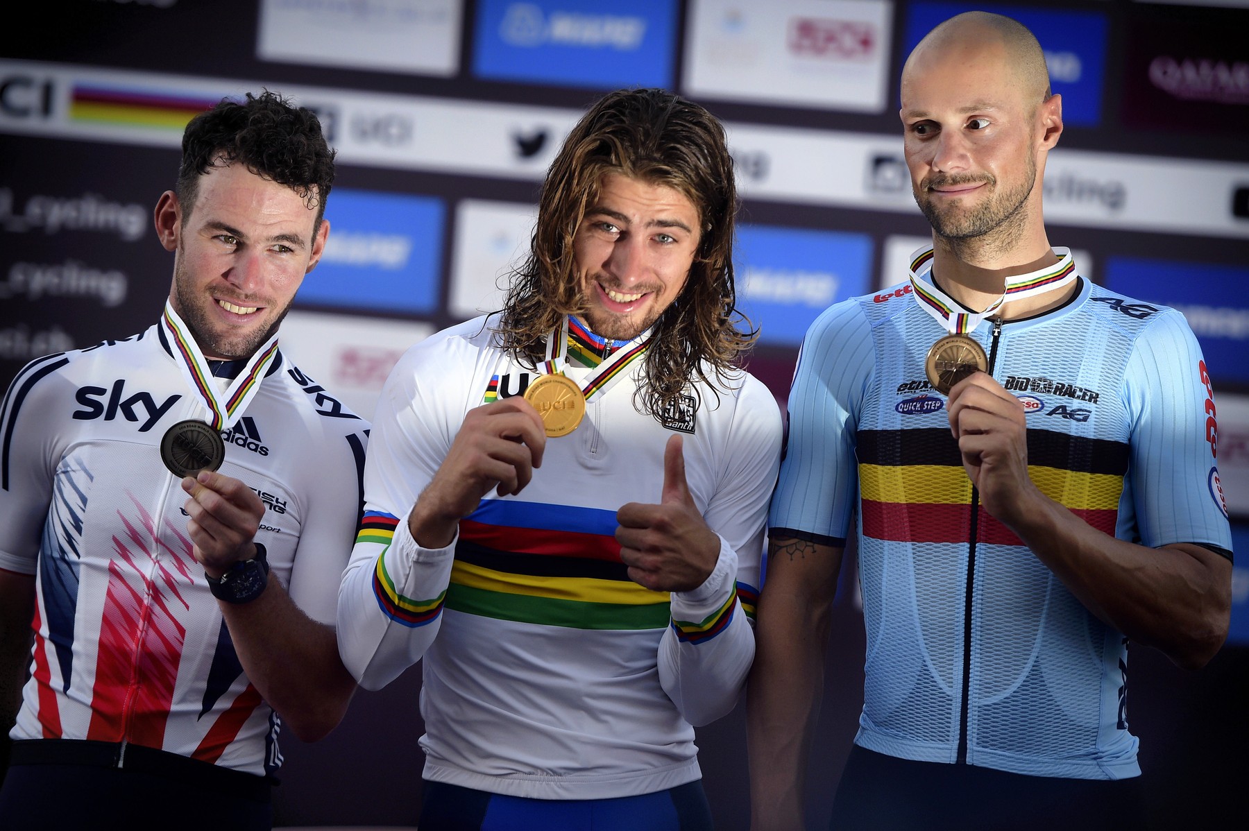 April 15, 2014 - Doha, QATAR - British Mark Cavendish of Dimension Data, Slovakian Peter Sagan of Tinkoff and Belgian Tom Boonen of team Etixx - Quick-Step pictured on the podium after the men's elite road race at the 2016 UCI World Road World Cycling Championships in Doha, Qatar, a race of 257.5 km from Doha to Doha, Sunday 16 October 2016. BELGA PHOTO YORICK JANSENS, Image: 302981991, License: Rights-managed, Restrictions: * Belgium, France, Germany, Luxembourg and Netherlands Rights OUT *, Model Release: no, Credit line: Profimedia, Zuma Press - News