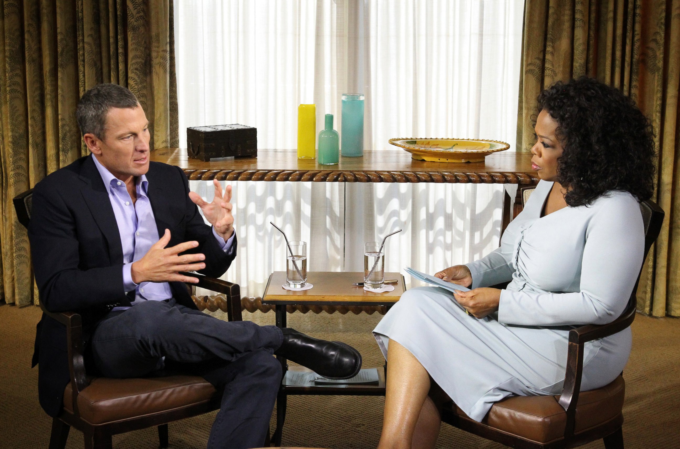 2013: Lance Armstrong was stripped off all of his Tour de France victories. Seven titles were gone because of doping. Here you can see him during an infamous interview with Oprah Winfrey.