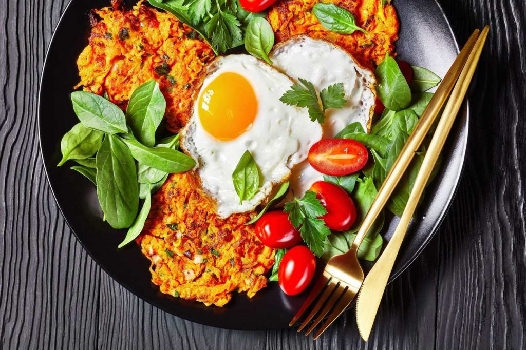 Eggs with carrot pancakes